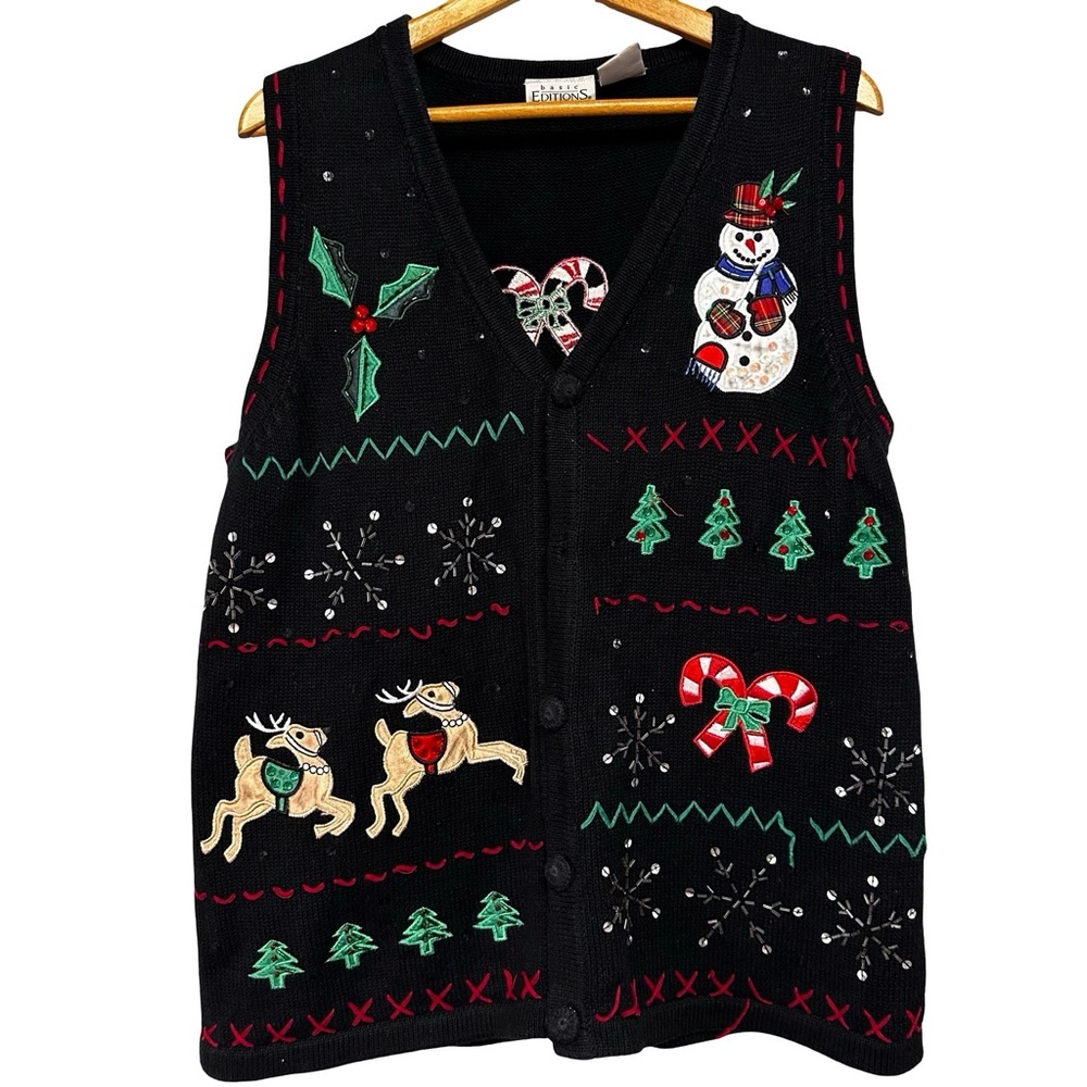 VTG Basic Editions Holiday Ugly Christmas Sweater Vest Snowman Reindeer XL
